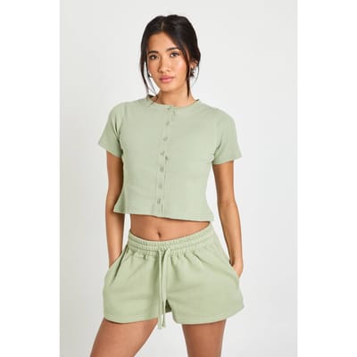 boohoo Dames Geribbeld Trainingspak Met Doorknoop Top Met Korte Mouwen En Short | Verstandig | Maat: Small