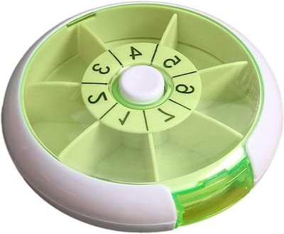 Roterende Medicijnbox met 7 Compartimenten voor Wekelijkse Medicatie, Handige en Draagbare Opbergdoos voor Tabletten in Groen