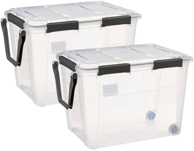 5Five opberg Box met deksel - 2x - Solutions Protect - 100 liter - 67 x 46 x 47 cm - kunststof - transparant - met wielen - extra stevig