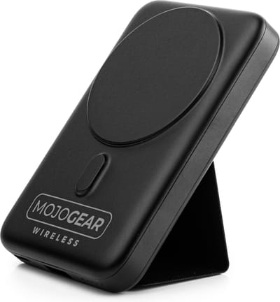 MOJOGEAR Wireless MagSafe powerbank 10.000 mAh - Magnetische en draadloze powerbank voor smartphone/telefoon/smartwatch - Geschikt voor iPhone - Met ingebouwde standaard - Compact broekzak-formaat - Zwart