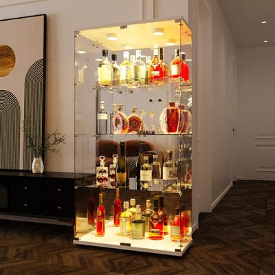 Vitrinekast met Glasdeuren – 4-Laags Displaykast in Wit met Spiegelachterwand en Verlichting – Moderne Opbergkast
