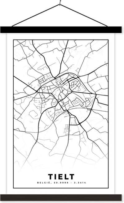 Posterhanger incl. Poster 40x60 cm - Schoolplaat - Kaart – Plattegrond – Stadskaart – Tielt – België – Zwart Wit - Textielposter - Zwarte latten - Stadskaart