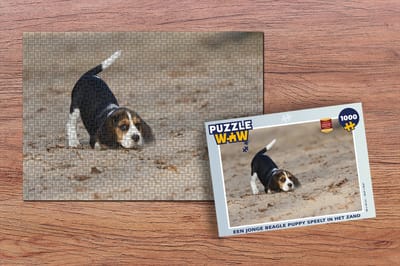 Puzzel Een jonge Beagle puppy speelt in het zand - Legpuzzel - Puzzel 1000 stukjes volwassenen