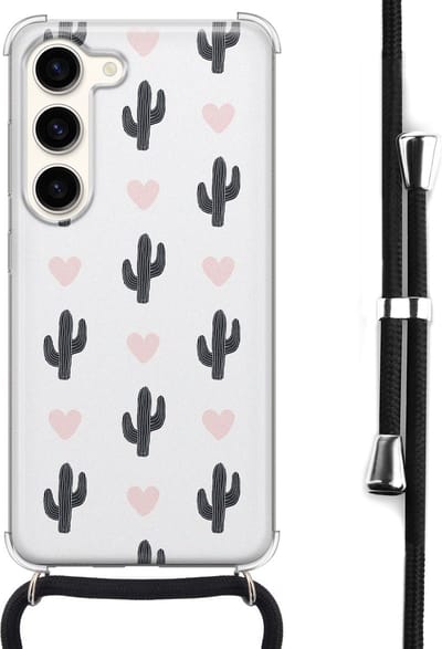 Hoesje met koord - Geschikt voor Samsung Galaxy S23 - Cactus - Verstelbaar zwart koord - Crossbody - Planten - Transparant, Groen - Leuke Telefoonhoesjes