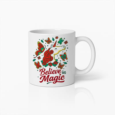 Believe in Magic Mok 330ml – Kleurrijk Eenhoorn en Vlinders Ontwerp Koffiebeker – Perfect Cadeau voor Fantasie & Eenhoorn Liefhebbers