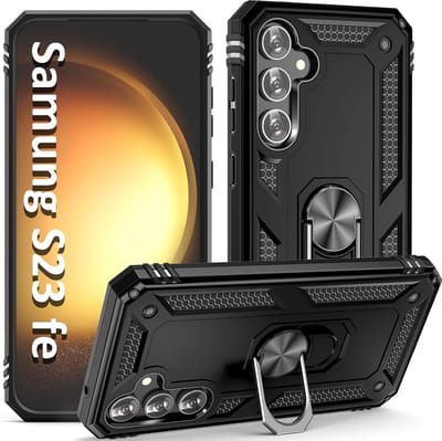 Casemania Hoesje Geschikt voor Samsung Galaxy S23 FE Zwart - Anti-Shock Hybrid Armor Back Cover - Hoes met Kickstand Ring