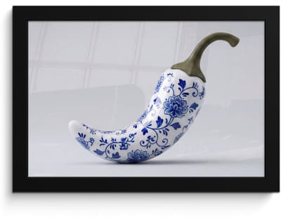 Poster in lijst - Fotolijst 30x20 cm - Posters - Chilipeper - Keramiek - Blauw - Posterlijst zwart - Decoratie - Wanddecoratie woonkamer - Muurdecoratie slaapkamer