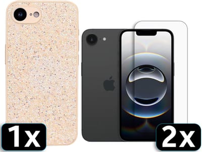 Casemania Hoesje en Glas Geschikt voor Apple iPhone 16e - Goud - Diamant Glitter Back Cover / 2x Glazen Screenprotector