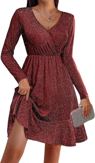 Elegante Glitter Jurk Dames met Lange Mouwen en V-hals - Feestelijke Pailletten Cocktailjurk