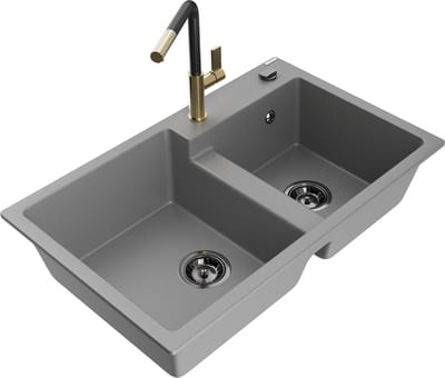 Mexen Tomas granieten gootsteen 2-kamer met keukenmengkraan Flora, grijs - 6516-71-670401-57-B