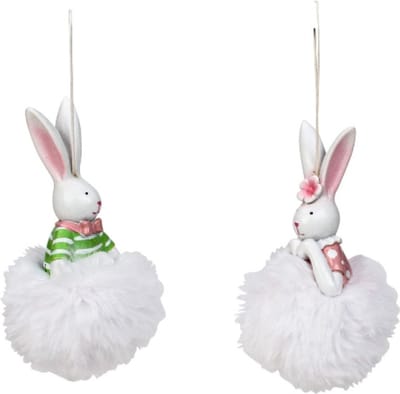 Set van 2 paasdecoraties: 2 paashaasjes met pompom om op te hangen in de paasboom 12.5x7cm