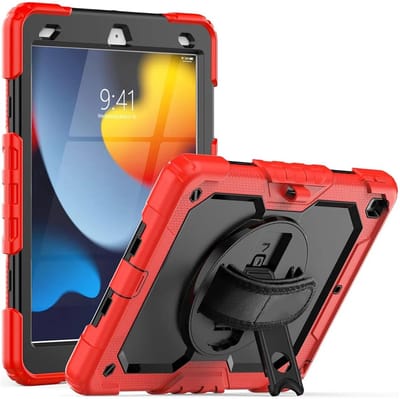 Hoes met ingebouwde Screenprotector Geschikt voor Apple iPad 10.2 (2021/2020/2019) | Inclusief 360° Draaibare Handriem en Schouderriem | Extreme bescherming | Ideaal voor zakelijk gebruik | Rood