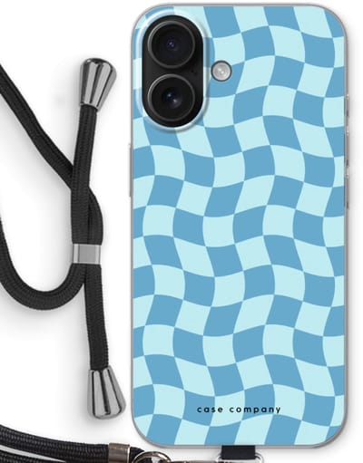 Case Company® - Hoesje met koord geschikt voor iPhone 16 hoesje met Koord - Grid Blauw - Telefoonhoesje met Zwart Koord - Bescherming aan alle Kanten en Over de Schermrand