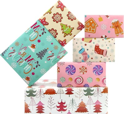 Kerstcadeau inpakpapier met 6 ontwerpen, zoete snoepjes en kerstboom motieven voor feestelijke gelegenheden zoals Kerstmis, verjaardagen en nieuwjaar