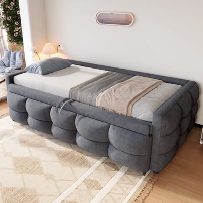 MODENUIT Gestoffeerd Uitschuifbed 90/180x190 cm – Met Lattenbodem – Van Eenpersoons- naar Tweepersoonsbed – Zonder Matras – Grijs