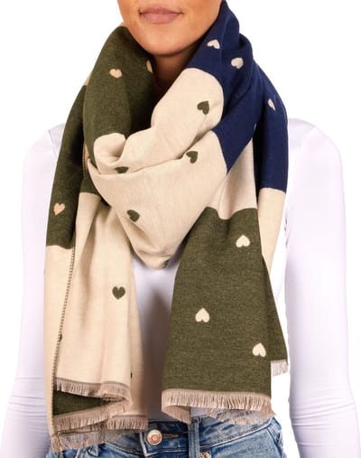 BRUBAKER Cashmirillo damessjaal met hartpatroon, 70 x 200 cm, warm, behaaglijk en oversized, wollen sjaal , voor dames, zacht kasjmiergevoel, Blauw, Olijf en Beige, Eén Maat - Moederdag Cadeautje