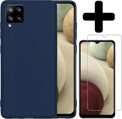 Hoesje - Met Screenprotector - Geschikt voor Samsung Galaxy A12 - Sterk & Shockproof - Back Cover - Siliconen Case - Telefoon Hoes - Telefoonhoesjes - Donkerblauw