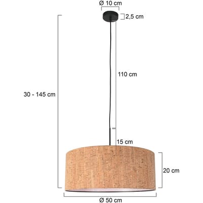 Sparkled Light 4337ZW hanglamp – zwart metalen armatuur met natuurlijke kurken kap, hoogte verstelbaar van 30 tot 145 cm, Steinhauer