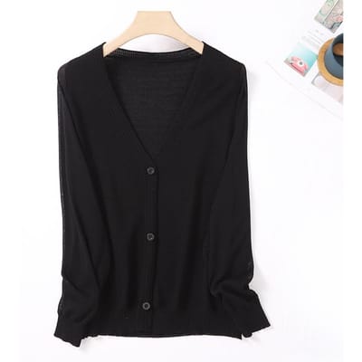 Nieuwe Zomerse Literaire en Fris Linnen Gebreid Vest V-hals Effen Kleur Losse Versie Lange Mouwen Damesvest XXL black