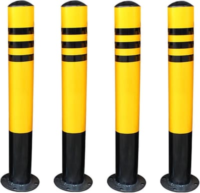 Set verkeersafzettingen: zwarte en gele ijzeren kegels, bolders, afbakeningspaal met 4 expansieschroeven voor parkeren, crowd control en bouwprojecten, 4 stuks - 7,6 x 60 cm / 3 x 13,62 inch