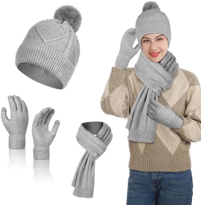 Dailygoody - Gebreide muts - Winterset voor dames - Warme sjaal en handschoenen - Touchscreen-handschoenen - Koud weer - Buitensporten - 3-in-1 set