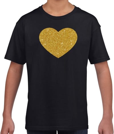 Feestkleding t-shirt - kinderen - met gouden glitter hartje - zwart - korte mouwen 110/116
