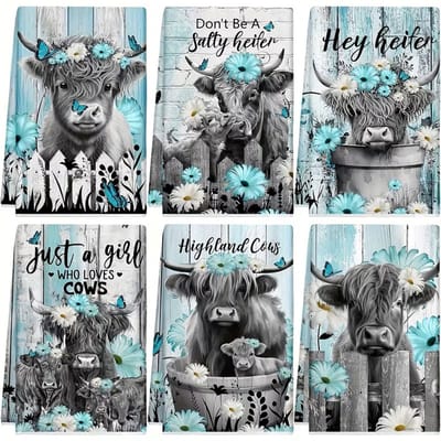 @ Lu’s Today® – Basic Household Essentials – Schotse Hooglander Keukendoeken – Set van 6 – Turquoise‑Blauw & Grijs – Cartoon Design – Ultraluxe Microvezel – 45,72×66,04 cm – Machinewasbaar