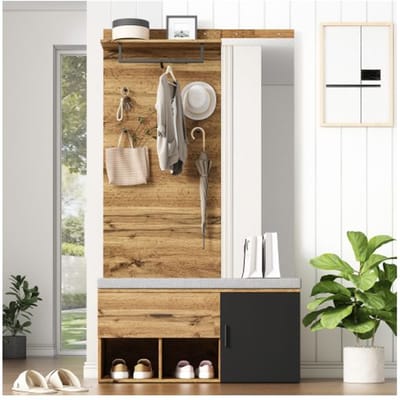 Meuble d’entrée - MUVOE - Ensemble vestiaire - Miroir inclus - Banc à chaussures - Design moderne