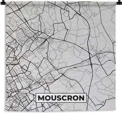 Wandkleed - Wanddoek - België – Mouscron – Stadskaart – Kaart – Zwart Wit – Plattegrond - 180x180 cm - Wandtapijt