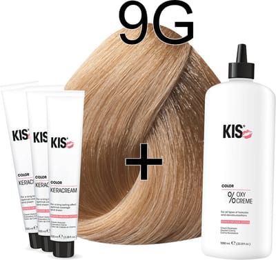 Kis KeraCream Color - 100ml - Haarverf Set - 9G Zeer licht goudblond | KIS - (3 x haarverf & 1L waterstofperoxide)