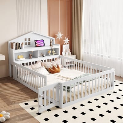 DESMIU Kinderbed 140 x 200 cm – Huisvormig Kinderbed Met Hoofdbordopslag – Met Lattenbodem En Deurtje – Voor Kinderkamer – Massief Hout – Wit – Zonder matras
