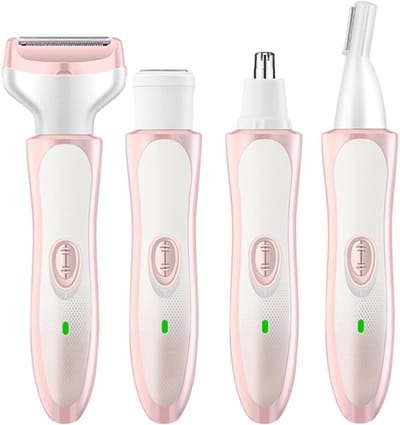 4-in-1 Oplaadbare Multifunctionele Ontharingsset, Waterbestendig Scheerapparaat voor Gezicht, Lichaam en Neushaartrimmer, Roze-Wit