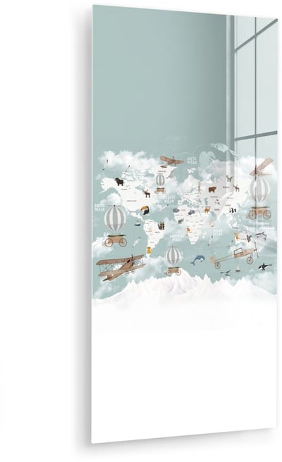 MuchoWow® Glasschilderij 40x80 cm - Schilderij acrylglas - Wereldkaart - Kind - Vliegtuig - Foto op glas - Muurdecoratie woonkamer - Wanddecoratie slaapkamer - Schilderijen