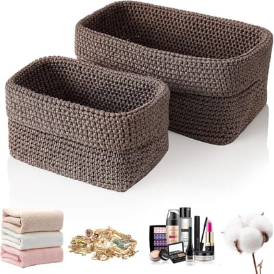 2 stuks, stapelbare gehaakte mand, badkamer- en slaapkamerorganizer, manden voor handdoeken, cosmetica, speelgoed, sieraden (bruin)