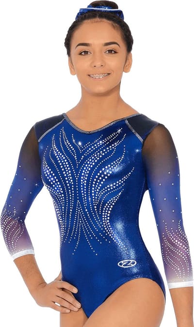 Marineblauw glans Temptation turnpakje lange mouwen met gaas maat 104-110 meisjes gympakje blauw blauwe donkerblauw donkerblauwe marine navy glitter stretch steentjes