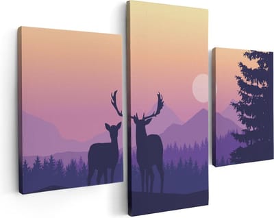 Artaza Canvas Schilderij Drieluik Twee Herten - Zonsondergang - Silhouet - 90x60 - Foto Op Canvas - Canvas Print