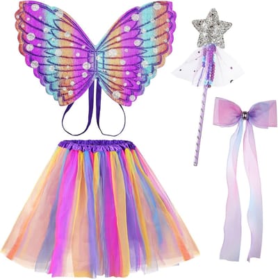 Betoverende Feestoutfit met Vlinder- en Prinsessenwings voor Kinderen - Perfect voor Halloween, Carnaval en Verjaardagen met Toebehoren in Paars en Roze