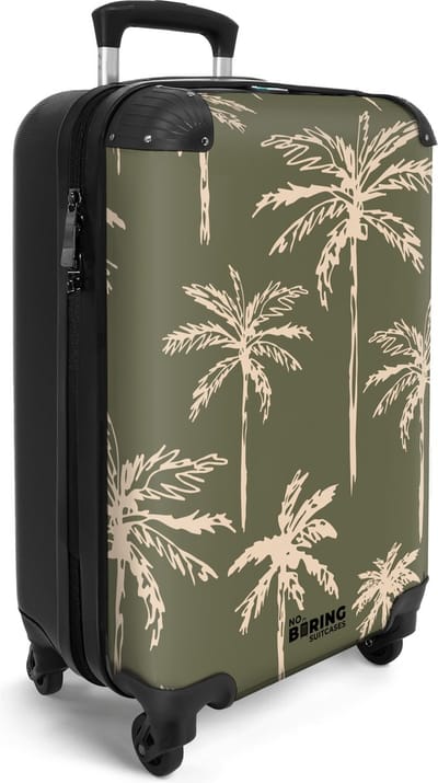 NoBoringSuitcases.com® - Handbagage koffer lichtgewicht - Reiskoffer trolley - Groen met beige palmbomen print - Vakantie rolkoffer met wieltjes - Carryon suitcase - Flightcase - Cabin koffertje - Past binnen 55x40x20 en 55x35x25