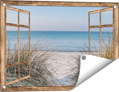 Gards Tuinposter Doorkijk Strand en Zee vanuit de Duinen - 60x40 cm - Tuindoek - Tuindecoratie - Wanddecoratie buiten - Tuinschilderij