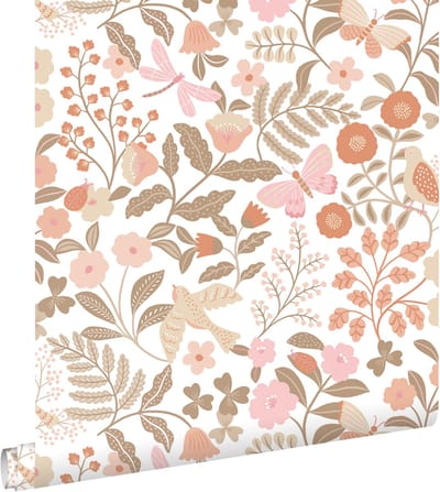 ESTAhome behang bloemen en vogels terracotta, taupe en roze - 53 cm x 10.05 m - 131391