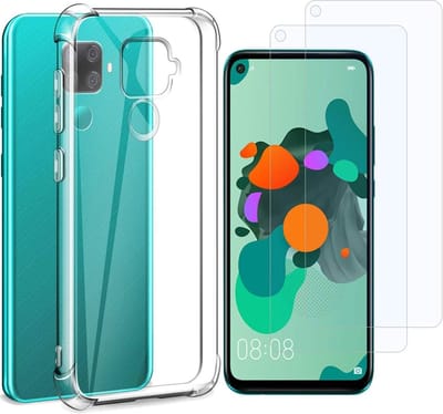Hoesje Geschikt voor: Huawei Mate 30 Lite - Anti shock TPU Siliconen Case & 2X Tempered Glas Combi - Transparant