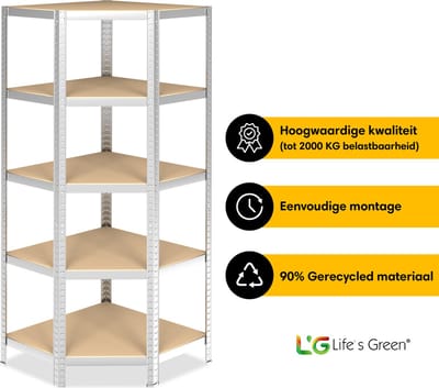 Life’s Green Hoekstelling - Opbergrek - Stellingkast - Hoekstelling - 5 planken - Zilver - 30 cm