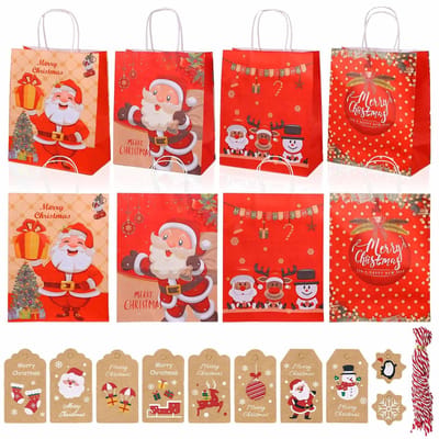 Cosensi- Kerstcadeauzakjes 24 stuks - Papieren zakjes - Kraftpapier - 4 stijlen - Herbruikbaar - 16 x 8 x 22 cm - Cadeauzakjes