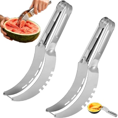 2 stuks - Watermeloensnijder - Watermeloensnijgereedschap - Roestvrijstalen watermeloensnijder - Meloensnijder - Handig keukengereedschap - Zilver - Kan gebruikt worden om papaja watermeloen en cantaloupe te snijden