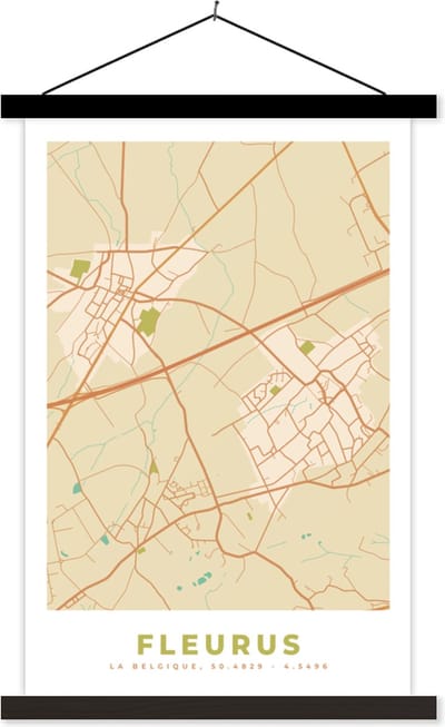Posterhanger incl. Poster 40x60 cm - Schoolplaat - België - Fleurus - Kaart - Stadskaart - Plattegrond - Textielposter - Zwarte latten - Stadskaart