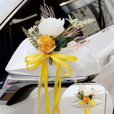 4 STKS Kunstbloem Decoratie Buiten Auto Spiegel Deur Romantisch Bloemen Bruiloft Decor Lint Nepbloem Decoratie Benodigdheden