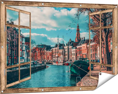 Gards Tuinposter Doorkijk Gracht in Groningen - 120x80 cm - Tuindoek - Tuindecoratie - Wanddecoratie buiten - Tuinschilderij