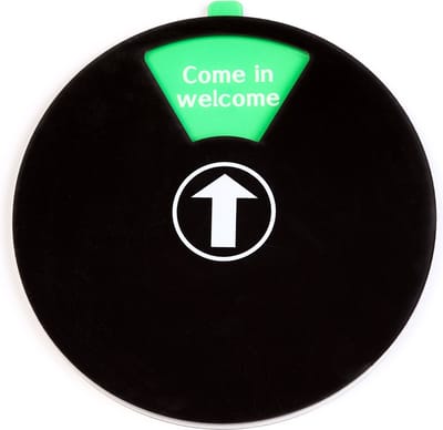 Schuifbordje - Rond acrylaat schuifbord - 6 verschillende teksten Engels - kleur Zwart - Diameter 15 cm - Promessa-Design.