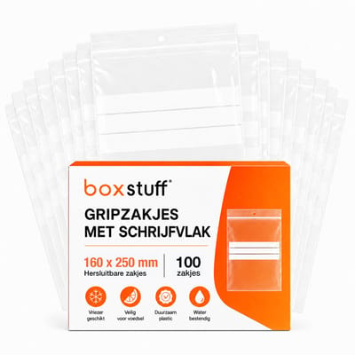 Boxstuff - Gripzakjes 160 x 250 mm - Met Schrijfvlak - Transparant Plastic - Herbruikbaar - 100 Stuks - 50 Micron Dikte - Voor Voedsel, Kralen, Sieraden en Accessoires