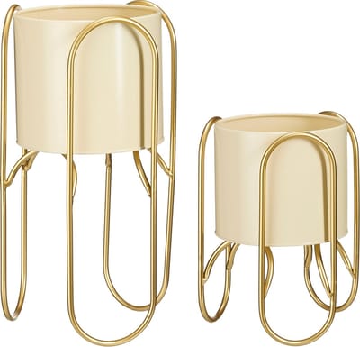 Mica Decorations Donau Bloempot op Standaard - Set van 2 - Metaal - H45 x Ø23 cm - Lichtgeel, Goud